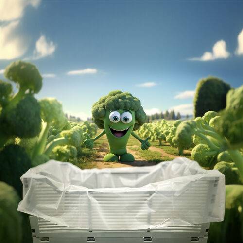 Der NaKu Bio-Einlegesack aus Biokunststoff für Biokisten in einem Feld voller Brokkoli mit einem KI-generierten fröhlichen Brokkoli.