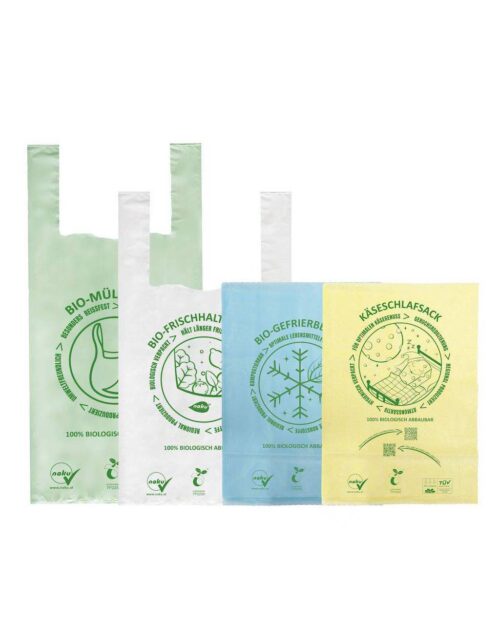 Das NaKu Kennenlernpaket mit dem Biogefrierbeutel, BioFrischhaltebeutel, Biomüllbeutel und dem Käseschlafsack.