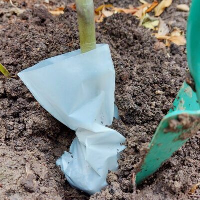 NaKu Bio-Pflanzensack aus Biokunststoff mit einer Pflanze und Gartenschaufel in der Erde.