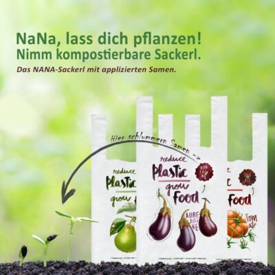 Grafik des NaKu NaNa Bio-Sackerls mit am Sackerl angebrachten Pflanzensamen.