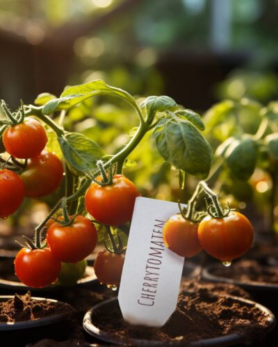 Pflanzenstecker - Stecketikett Blanko aus Biokunststoff in einem Pflanztopf mit Tomaten.