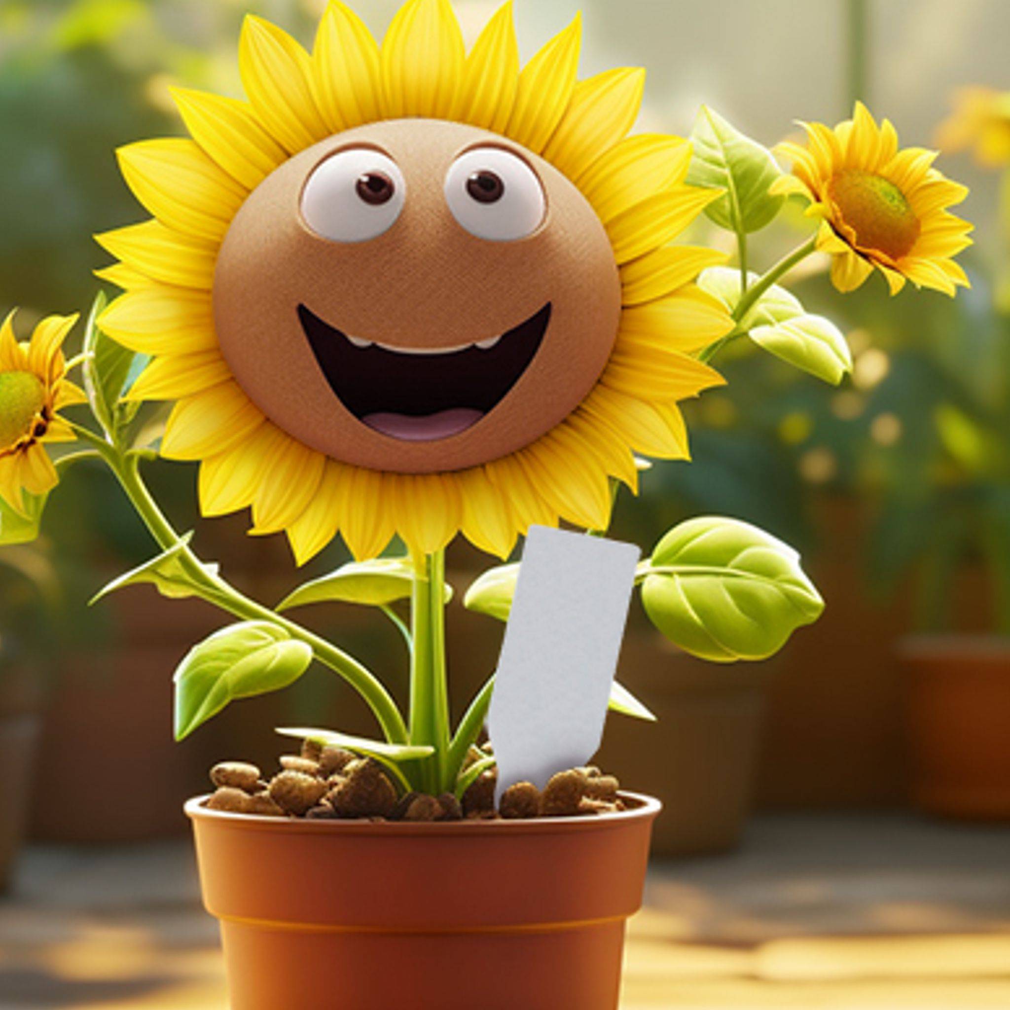 Der IM POLYMER Pflanzenstecker aus Biokunststoff in einem Blumentopf mit einer Sonnenblume