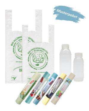 Im NaKu Musterpaket finden Sie unterschiedliche Biosackerl, Biotüten, Biobeutel und die NaKu Bioflasche in zwei Größen