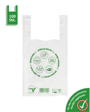 Vorderansicht der NaKu Bio Tragetasche HT004-100 im 100er Pack für Handel und Gewerbe.