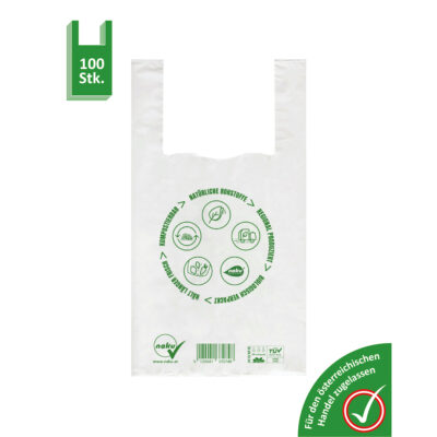 Vorderansicht der NaKu Bio Tragetasche HT004-100 im 100er Pack für Handel und Gewerbe.