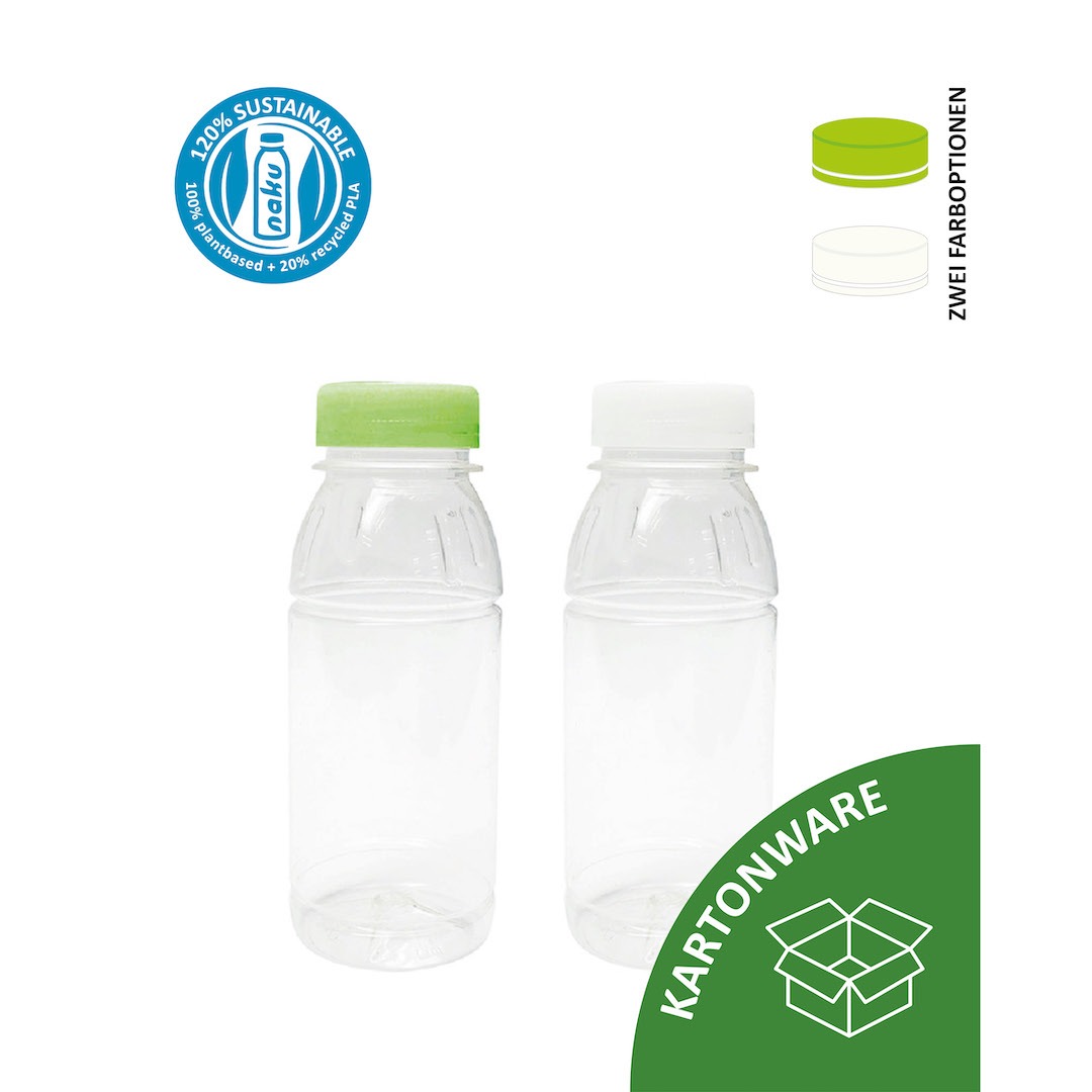 Kompostierbare NaKu Bioflasche aus PLA Kartonware Verschlussfarben | NaKu Online-Shop – Nachhaltige Produkte aus Biokunststoff | Jetzt kaufen Kompostierbare NaKu Zuckerflasche 250ml Kartonware Farboptionen Verschluss